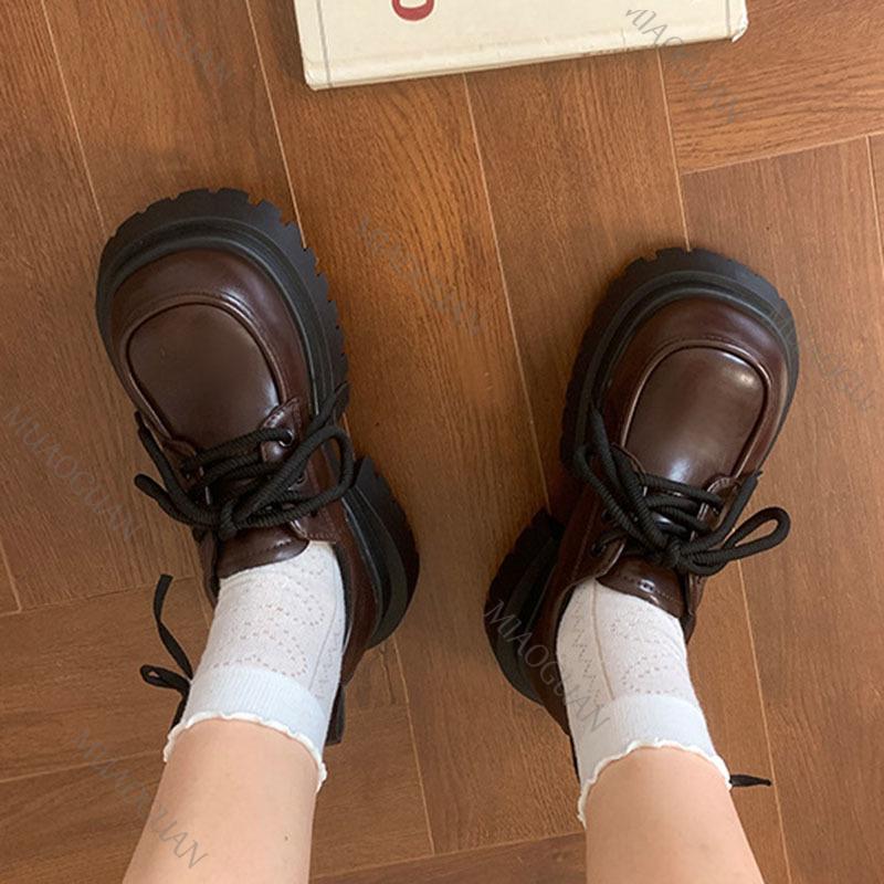 Fashion Thick Bottom British Style Leather Women's Pumps Lace Up Thick Soled Loafers Retro High Heels Mary Janes Fashion Heeled Shoes
