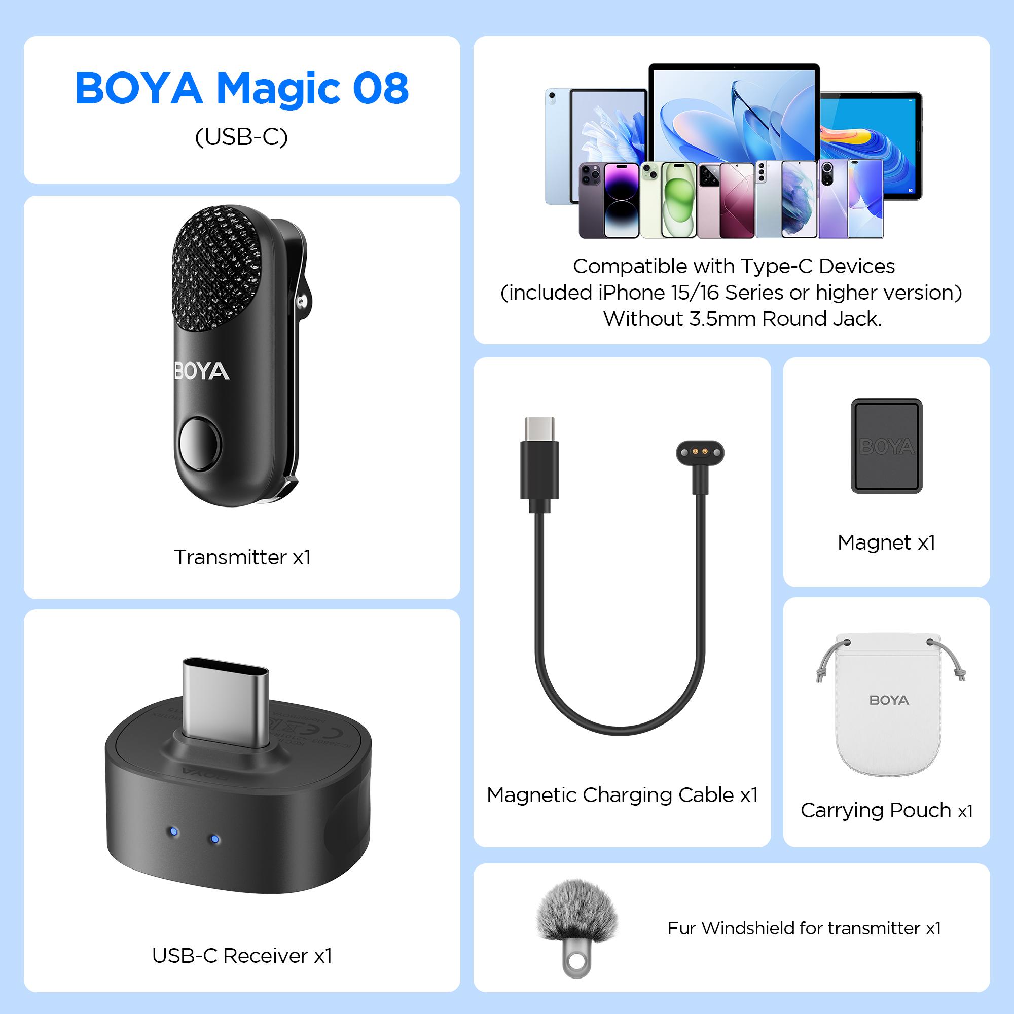

BOYA Magic Wireless Lavalier Microphone 4 Forms in 1 Mic for iPhone Android USB-C Phone Camera Noise Cancelling 08