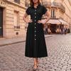 ZANZEA Women Casual Turn Down Collar Solid Color Short Sleeve Pleated Dress