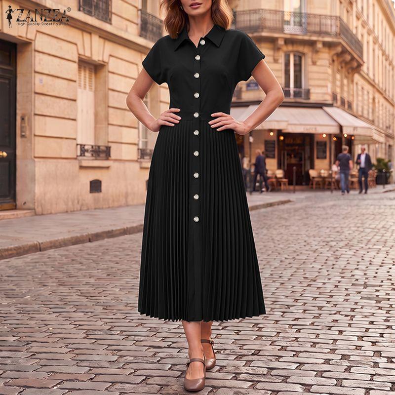 ZANZEA Women Casual Turn Down Collar Solid Color Short Sleeve Pleated Dress