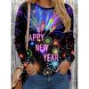 Women's Casual Long Sleeve T-Shirt - Happy New Year Fireworks Print Round Neck Pullover