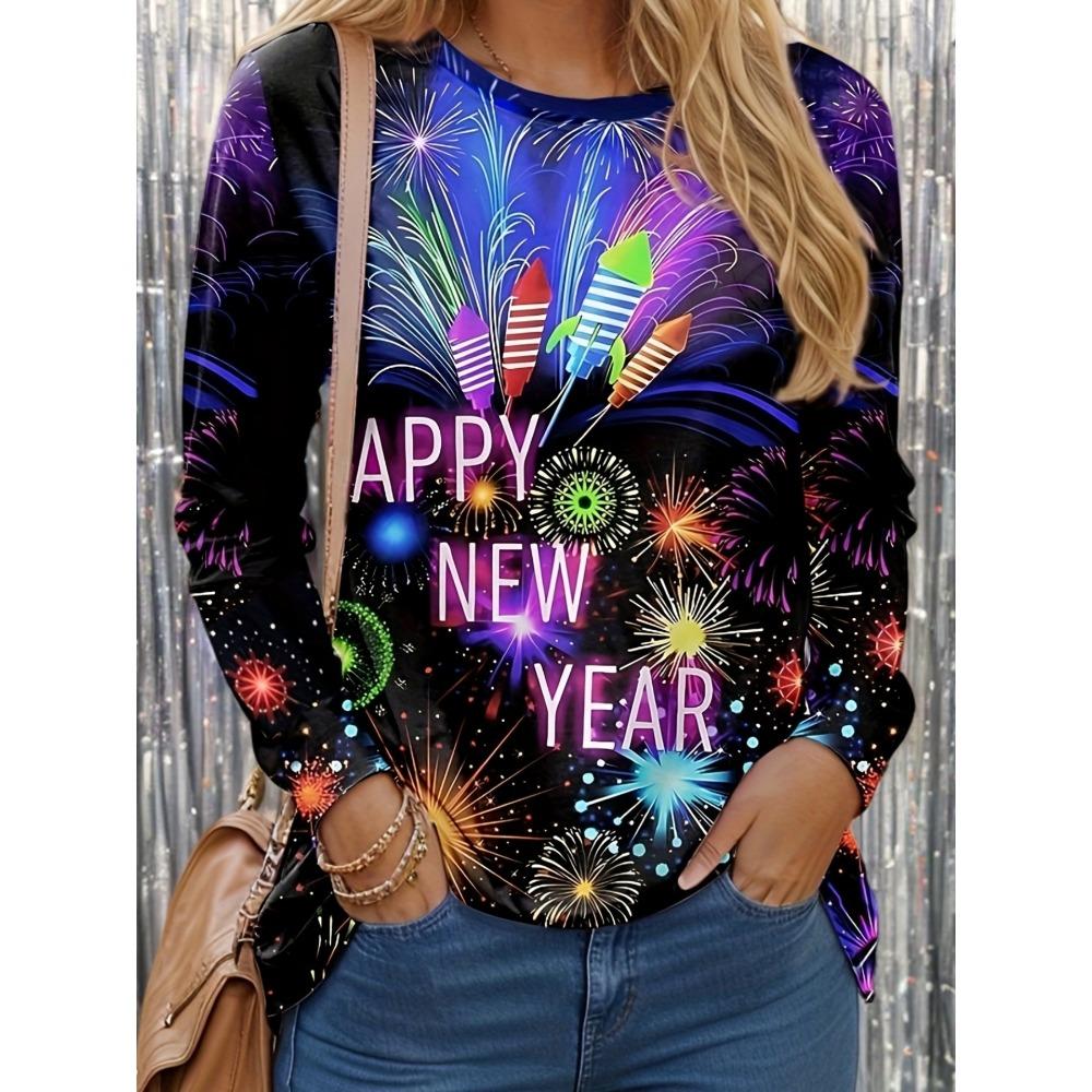Women's Casual Long Sleeve T-Shirt - Happy New Year Fireworks Print Round Neck Pullover