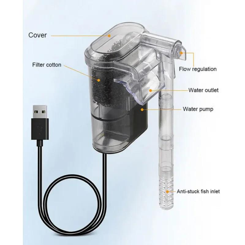 Závěsný filtr pro akvária USB zástrčka Mini akvarijní filtrační čerpadlo 250H/L Vhodné pro akvária do 30 cm, 2,5 W DC 5 V