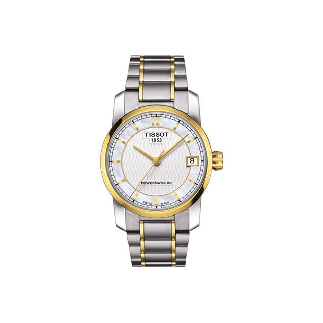 

TISSOT Automatic Mechanical Movement Waterproof Women s Watch 32mm White Dial Titanium Watch Case T087.207.55.117.00 Medium Gold Strap