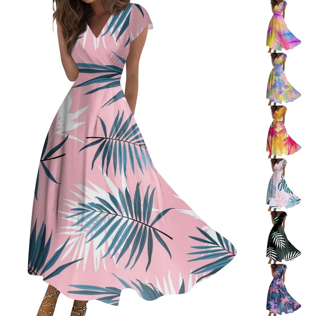 Women's Summer Leaf Floral Printed V-Neck Long Dress Dress