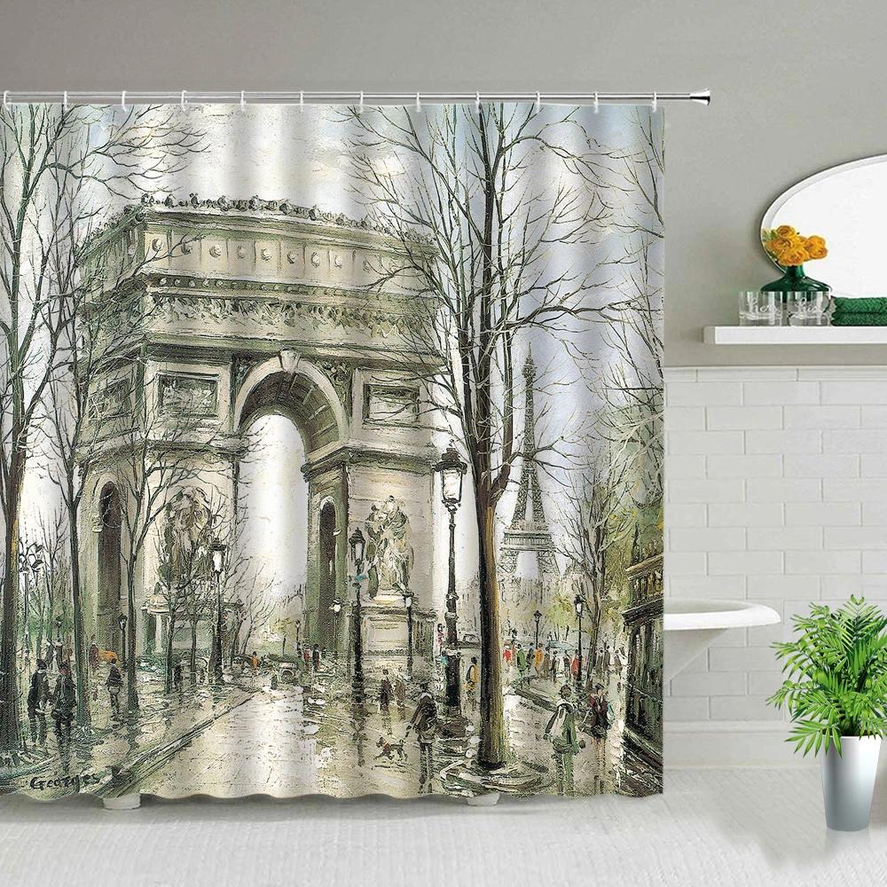 Paris Street Scenery Black And White Design Red Tram Bathroom Shower Curtain Waterproof Bathtub Home Decor Background Curtains