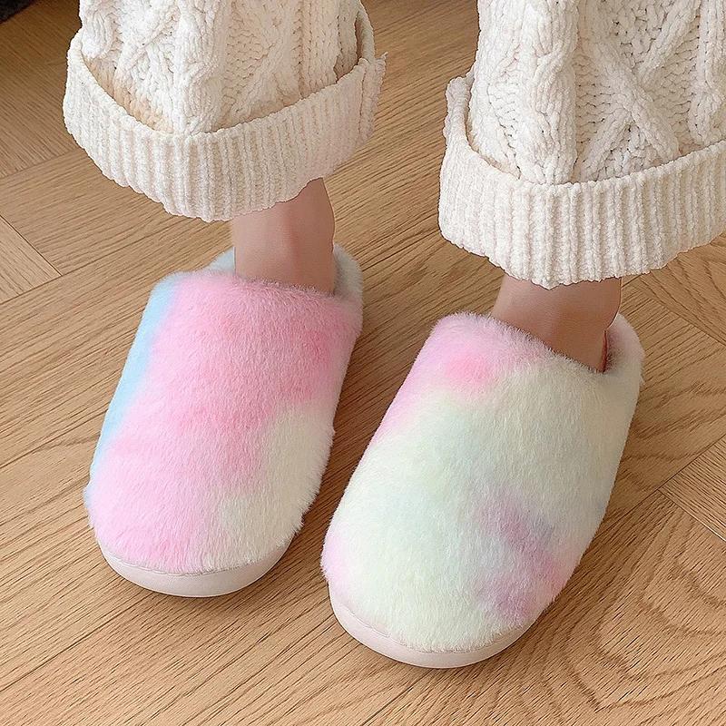 Tie Dye Gradient Plush House Slippers for Women Faux Fur Soft Sole Indoor Cotton Shoes Woman Winter Warm Flat Furry Slippers