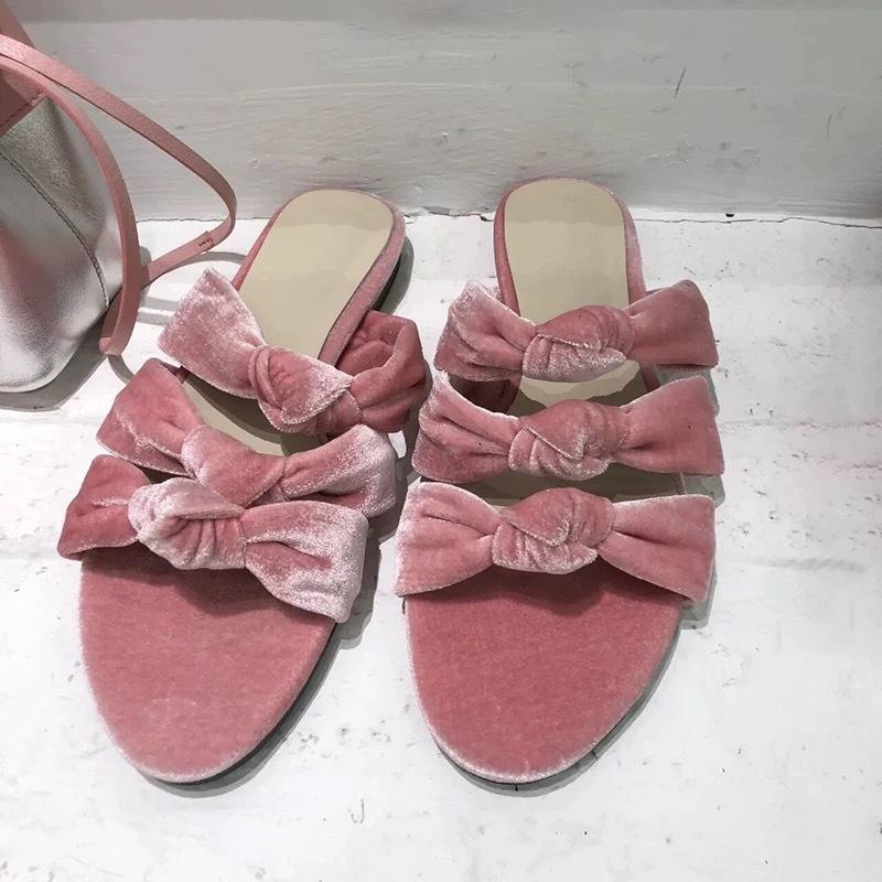 Sheepskin Version~ Korean Version of Velvet Flat Bottom One-word with Knotted Open-toed Sandals for Women To Wear 2025 Summer Cool Slippers