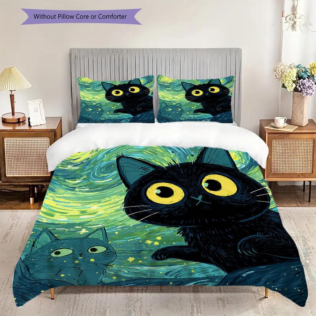 Black Cat Pattern Bedding Quilt Set Quilt Cover Pillowcase Home Decoration Birthday Gift (1 * duvet cover + 2 * pillowcase, without core)
