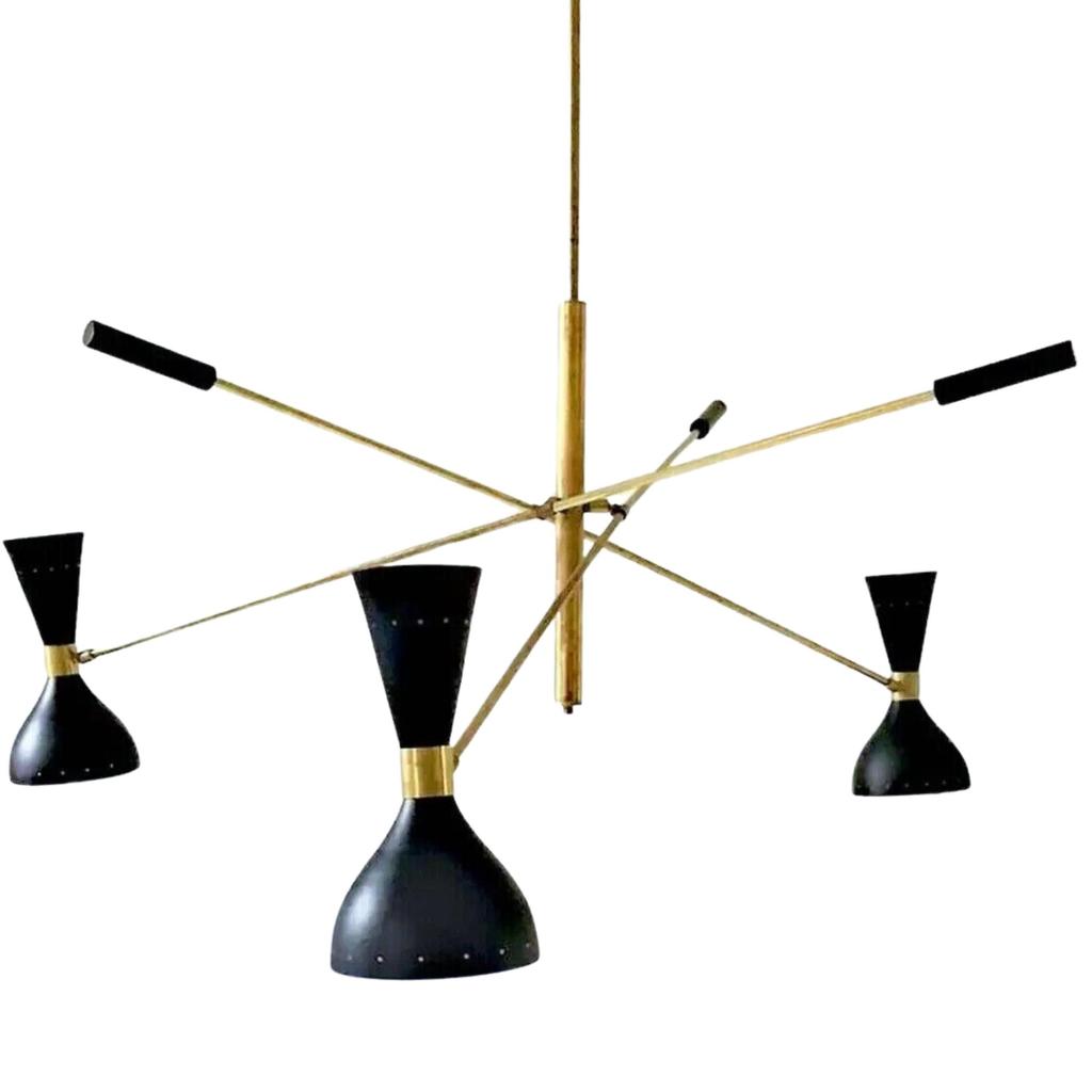 Elegant Black and Brass Adjustable Three-Arm Triennale Style Chandelier
