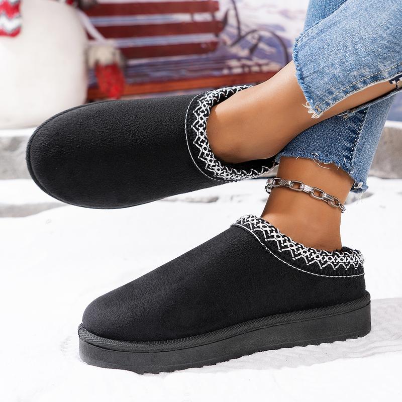 Fashion Ethnic Geometric Embroidery Close Toe Cotton Slides Women 2025 Short Plush Flat Heel Snow Boots Winter Warm Indoor Slippers