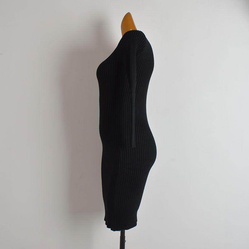 New Arrival Minimalist Stand Collar Shoulder Strap Metal Buckle Long Sleeves Knitting Dress Women's Clothing Spring and Autumn Slim Fit Bodycon Dress