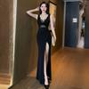 Black Deep V-neck Sleeveless Lace Splicing Slim-fitting Split-ended Long Dress, Waist and Thin, Sexy Temperament Evening Dress Skirt