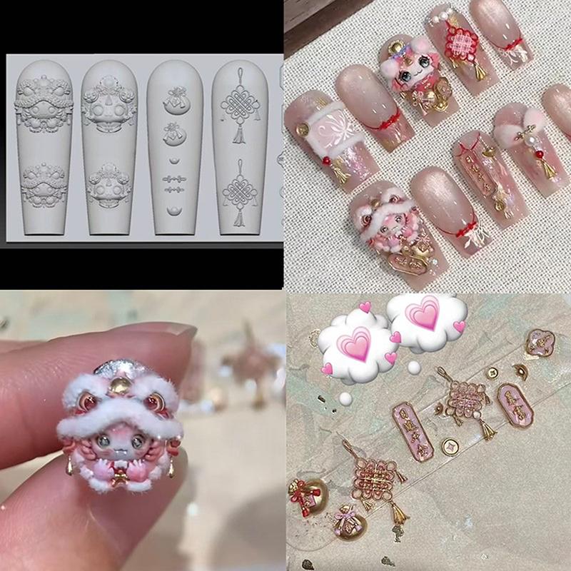 Chinese New Year Lovely Awakened Lion 3D Silicone Nail Accessories Carving Mold Cute Bear Mold Manicure Decorations Diy Template