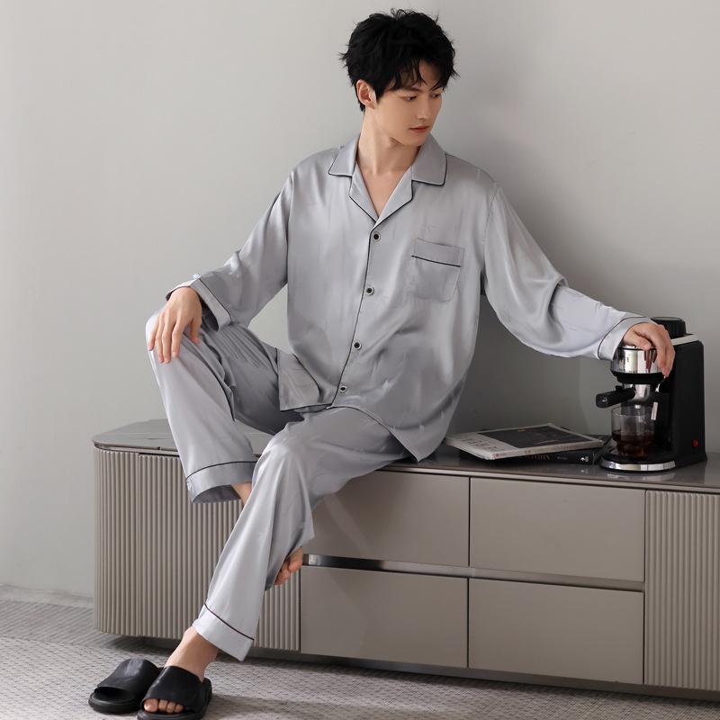 Pajamas Men's Summer 1011 New Ice Silk Long Sleeve Thin All Seasons Men's Dad Loungewear Spring and Autumn