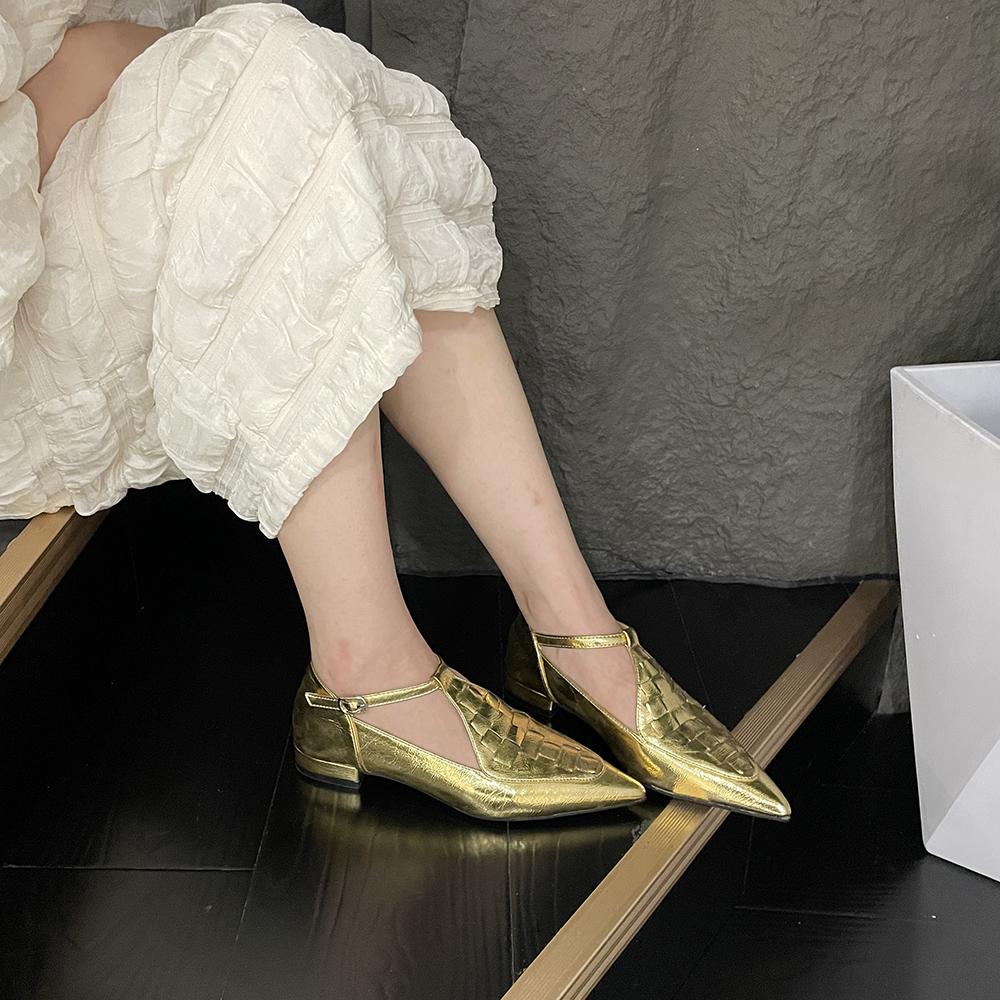 fashion Pointed Toe Women Flats Loafers 2024 New Arrivals Dress Shoes Ankle Strap Flat Low Heels Black Gold Brown White Weave Design 39