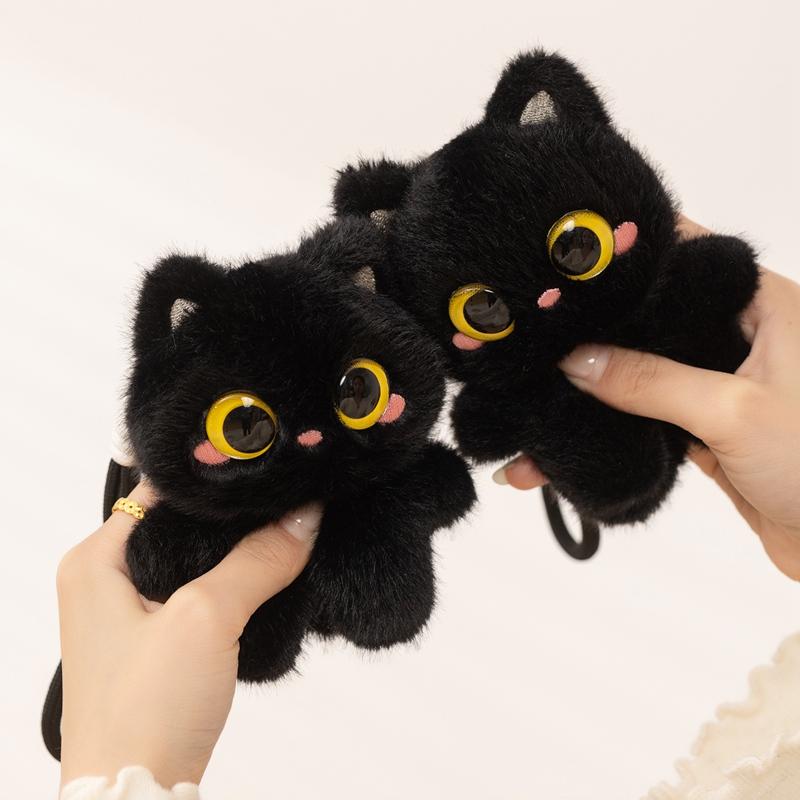 12Cm Black Cat Plush Keychain Squeezable Sound Shoulder Bag Decor Doll Car Pendant Cute Toy Gift For Kids