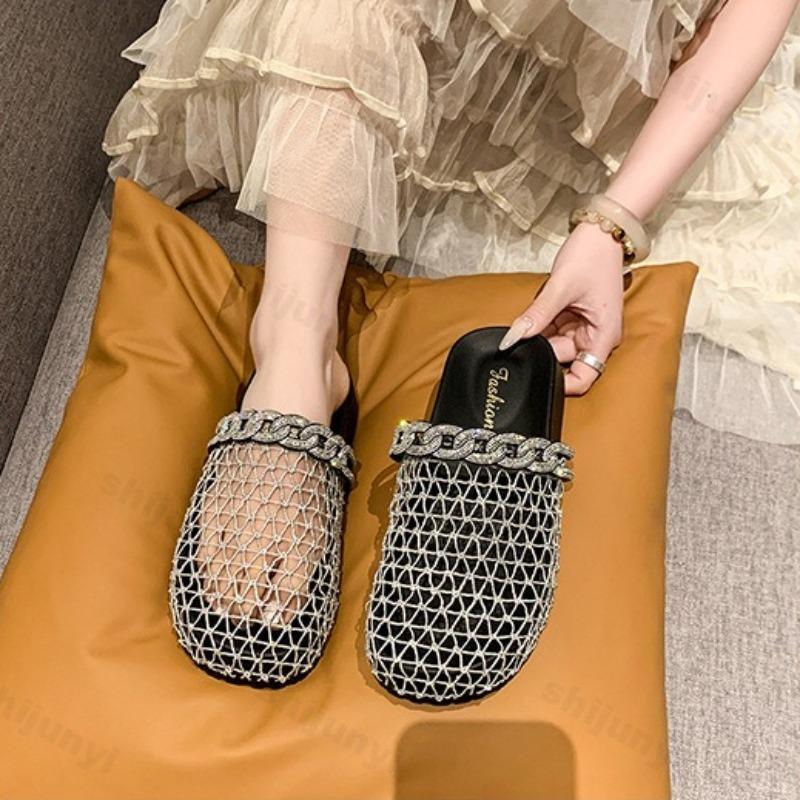 Fashion Summer Women's Slippers Flat Breathable Round Toe Rhinestones Women's Mules Mesh Fashion Outdoor Beach Shoes Zapatillas De Mujer