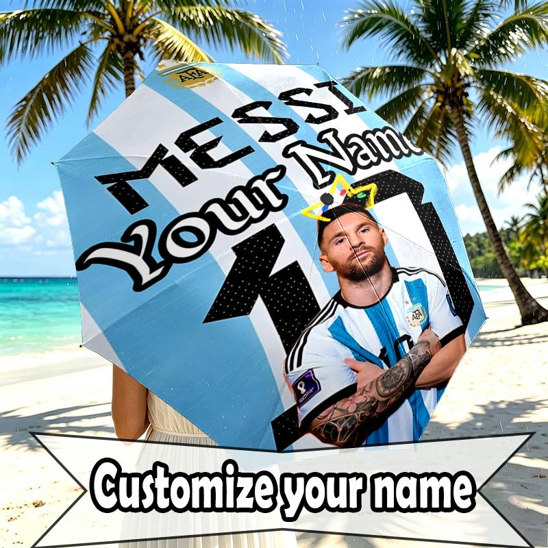Custom Name Personalized Lionel Messi Print Umbrella, Auto Open Close, 8‑Rib Sturdy Frame, Commute Camping Hiking Use, Birthday Gift
