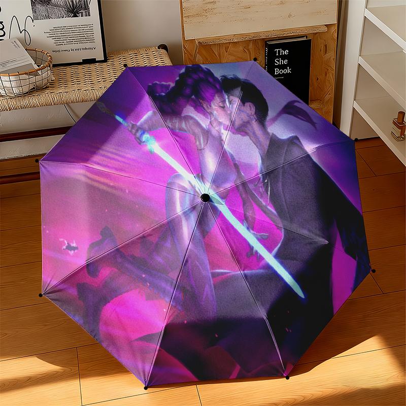1pc Music Fans, K-Pop, Devil Hunter Umbrella Portable Folding Umbrella Iron Frame Hole Bone Structure Outdoor Home Umbrella