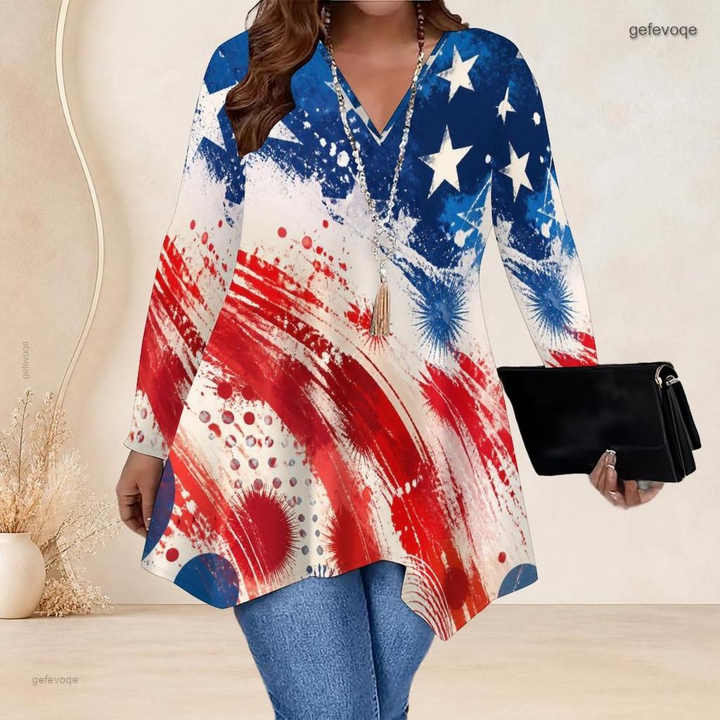Plus Size Women V Neck Long Sleeve Loose Fashion Blouse With Irregular Split Hem Design