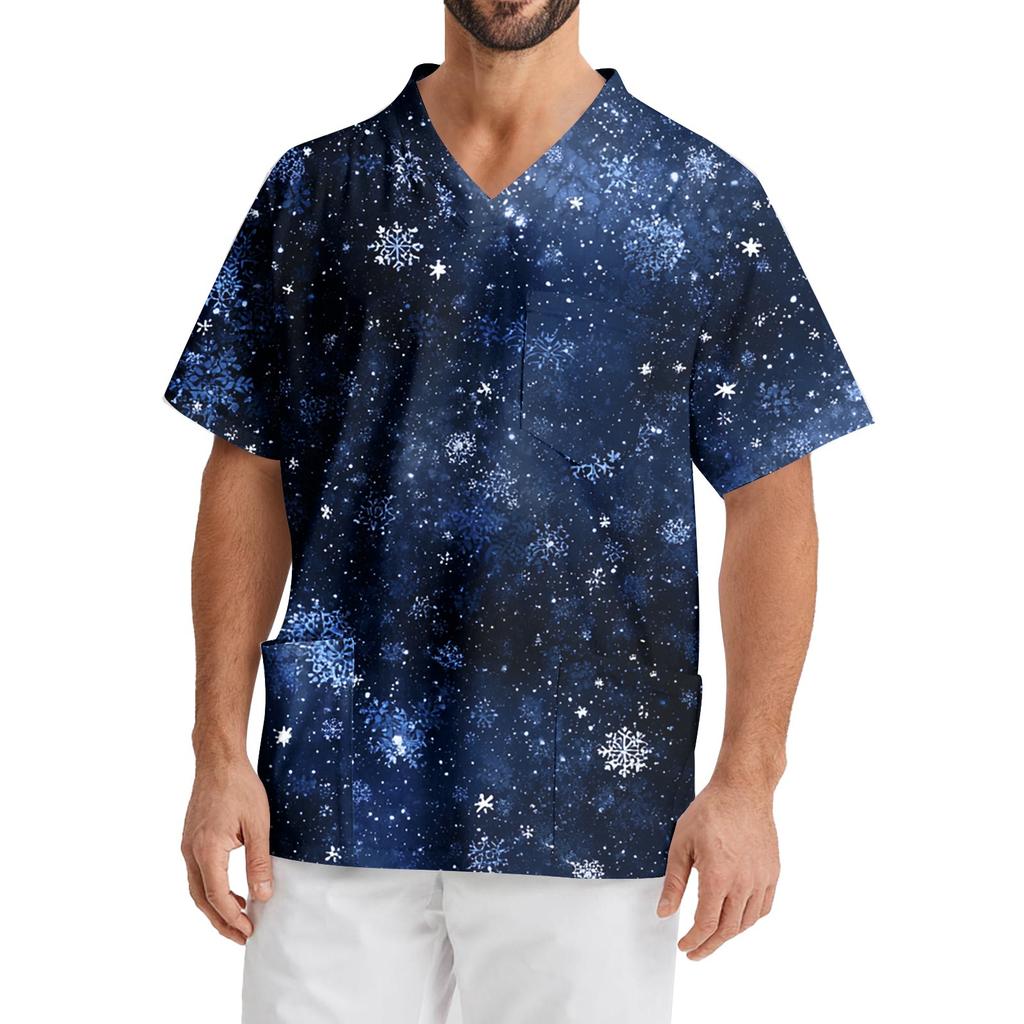 Men's Printing Short Sleeve V-neck Working Blouse Chest Pocket Carer Top