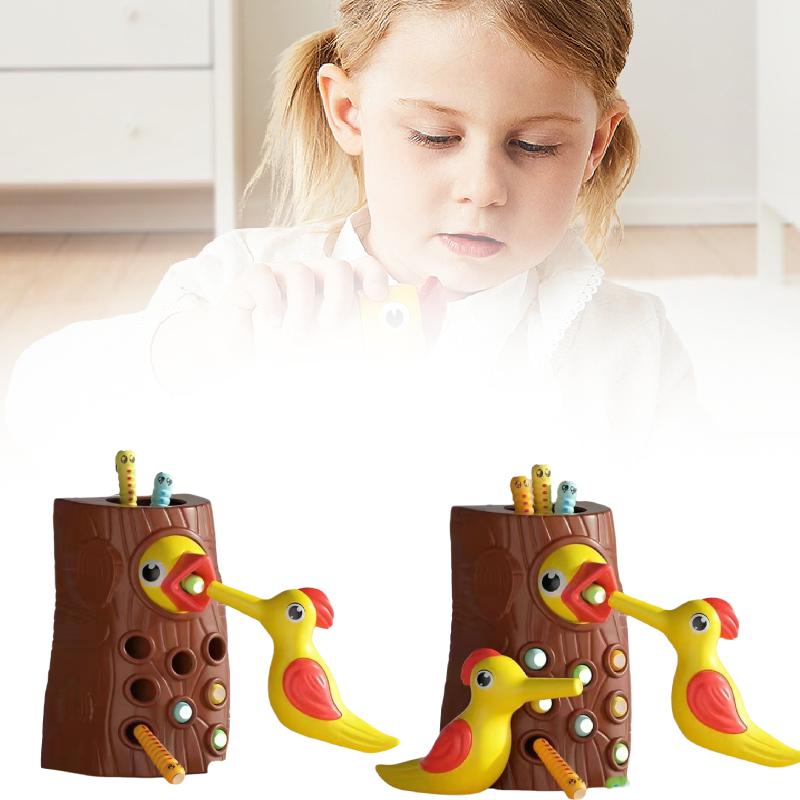 Baby Montessori Toddler Toy Magnetic Woodpecker Catching Worms Game Feeding