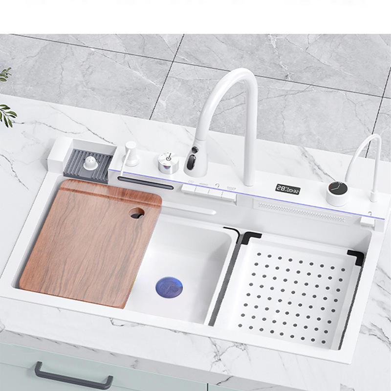 Nano Multifunctional Kitchen Sink Large Single Slot Integrated Digital Display Waterfall Faucet Soap Dispenser Cup Washer Pure