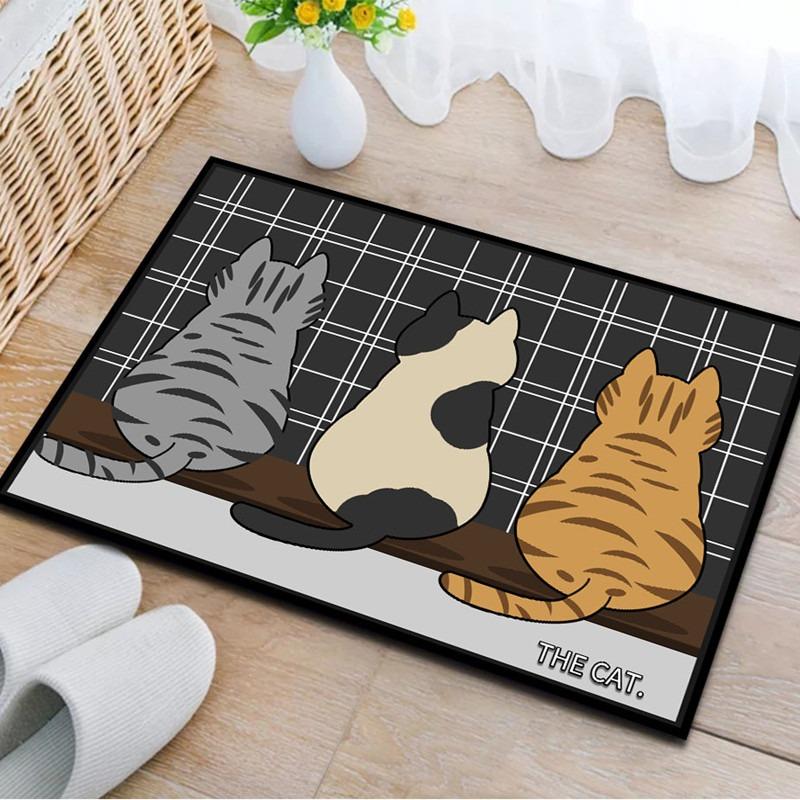Cute Cartoon Cat Living Room Door Mat Carpet Black Gray Contrast Color Background Tricolor Cat Pattern Anti-slip Rug Home Decor