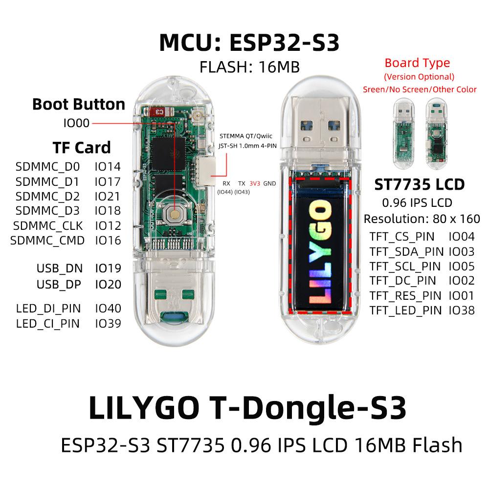 LILYGO® T-Dongle-S3 Entwicklungsboard mit 0,96" LCD, WiFi, Bluetooth und TF-Kartenunterstützung