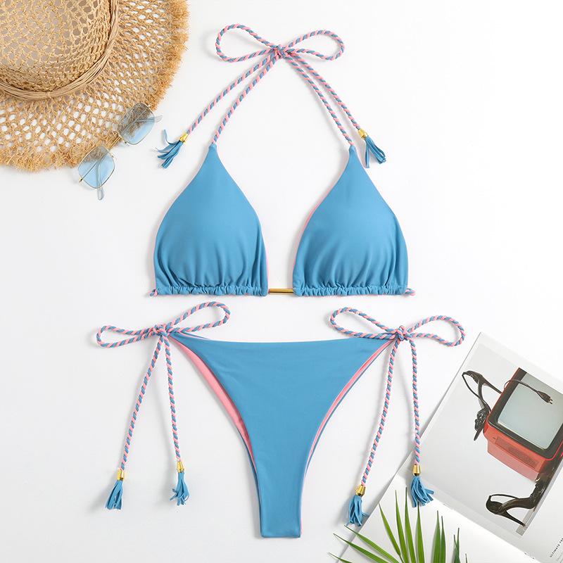 2ks/1sada Sexy zavazovací pas Dámské plavky Sexy bikiny Pevné plážové oblečení Letní plavky Push Up Plavky Vysoký střih Tanga Soupravy bikin