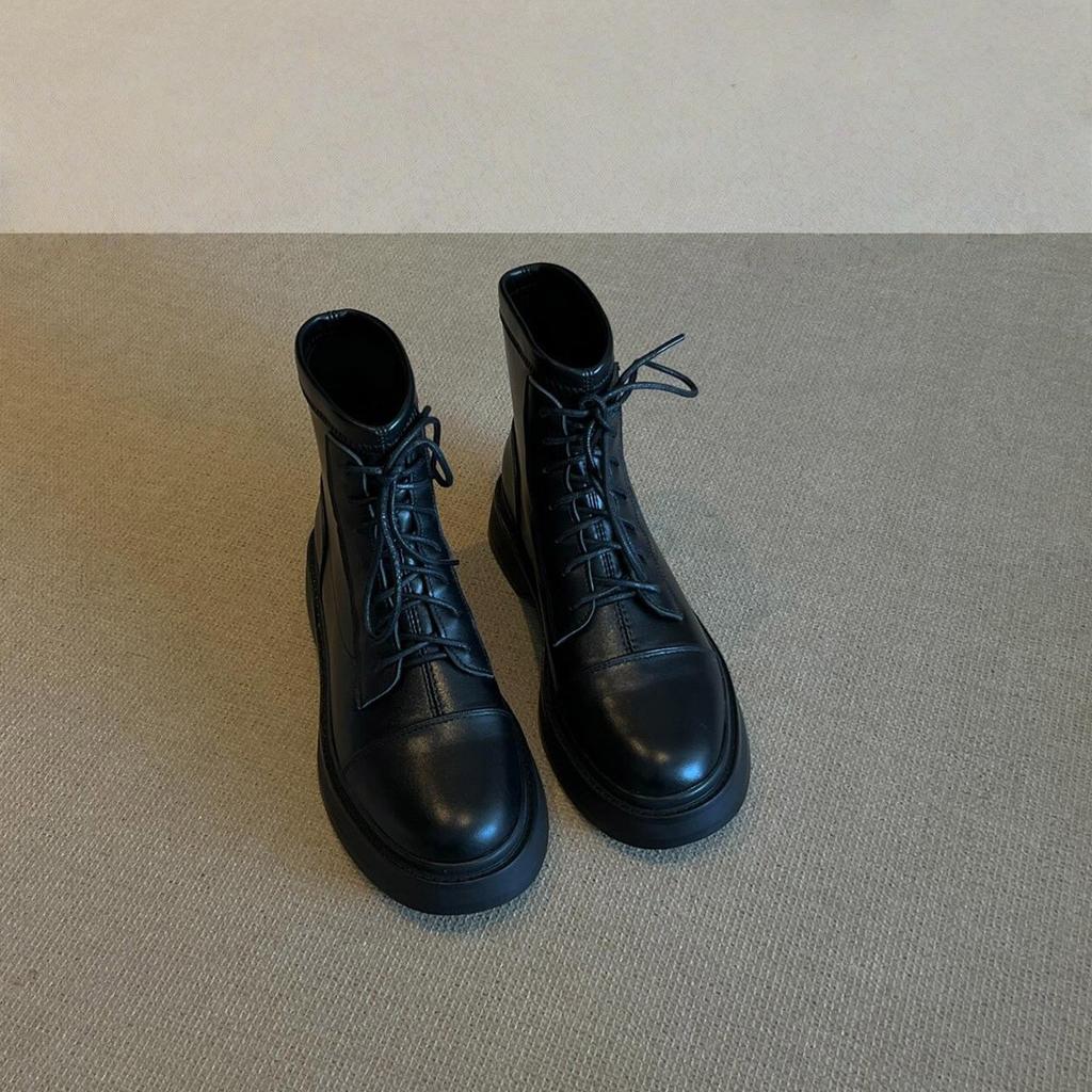 British Style Black Martin Boots Women's Round Head Thick Heel Thin Boots Thick-soled Strap Thin Short Boots