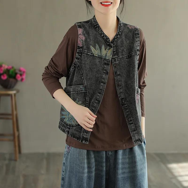 Gilet di Jeans Corto Stampato da Donna Primaverile ed Estivo Giacca Sottile Senza Maniche Larga