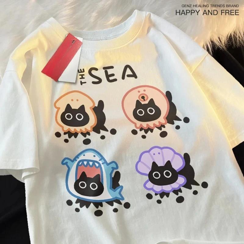 

Ocean Cat Triple Cartoon Pattern Women Tee Clothing Cartoon Home Tee Clothing Popular Youth T Shirt Retro Funny Short Sleeve Y2K S