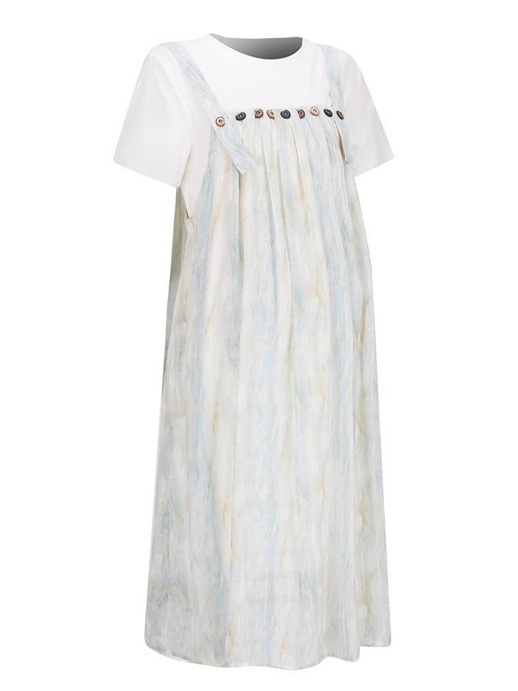 

Plus Size Tie-Dye Maternity Strap Dress - 9 Sizes, Summer Two-Piece Look, Loose and Slimming for Late Pregnancy 2XL морская волна