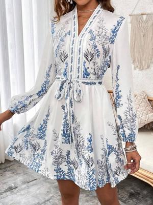 Spring New Women's Fashion V-Neck Long Sleeve Bohemian Printed Dress