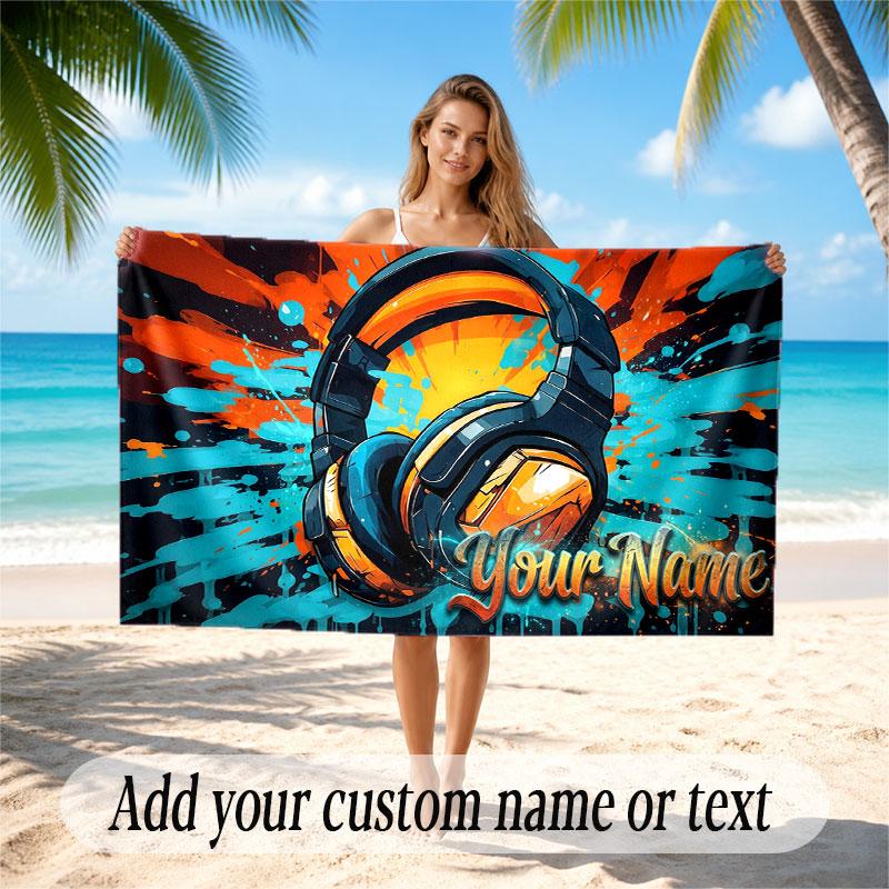 Music DJ Theme Beach Towel Personalized Custom Name & Text Soft Quick Dry Beach Towel for Swimming Travel