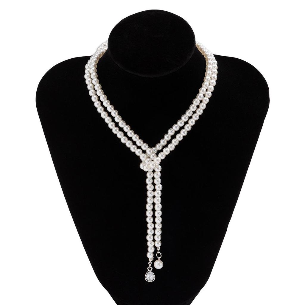 Retro Trendy Pearl Tassel Necklace with Diamond Inlaid Teardrop Gem for Women