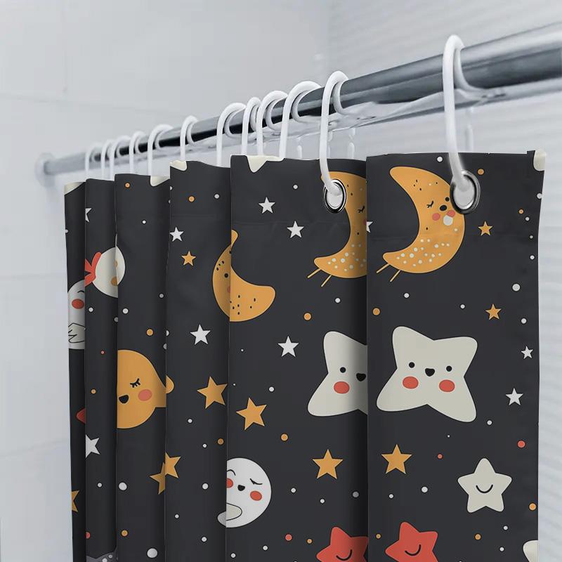 Charmful Night Sky Shower Curtain With Cartoon Characters Black Background Printed Fabric Waterproof Bathroom Decor For Kids Roo