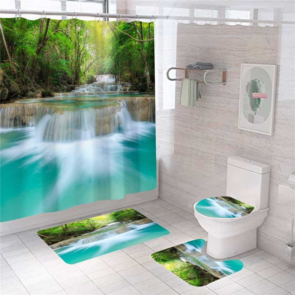 Forest Shower Curtain Set Non-Slip Rug Toilet Lid Cover Bath Mat Maple Leaf Bathroom Curtain Waterproof Natural Scenery Curtains