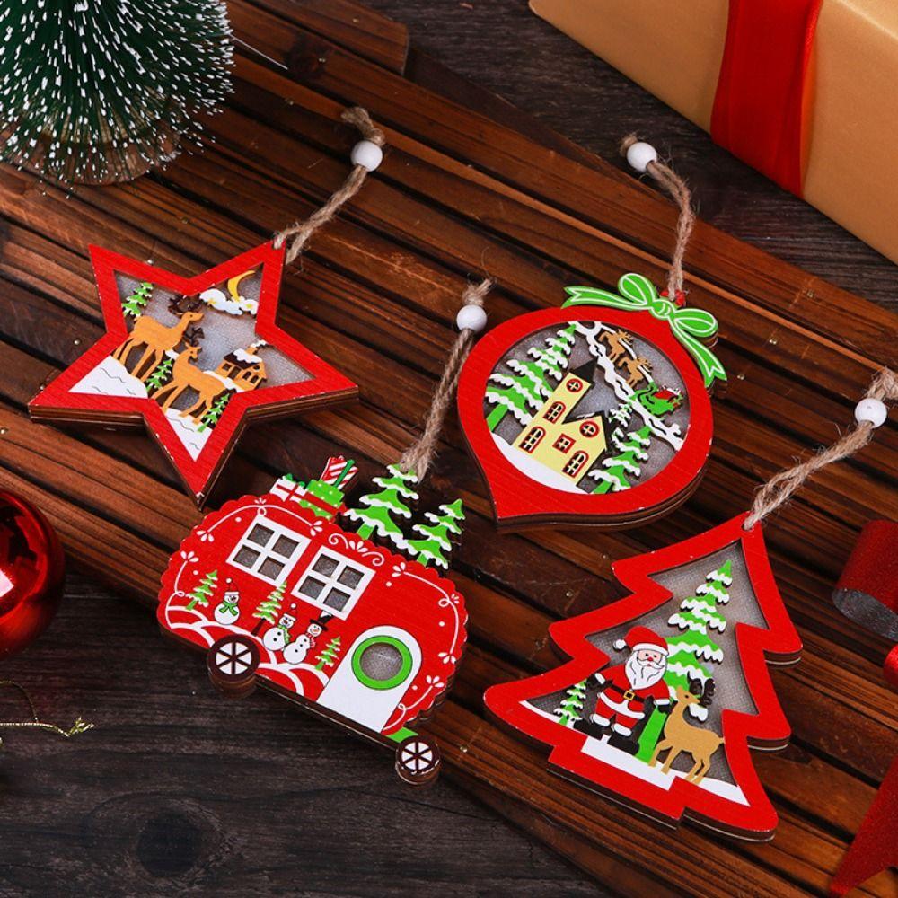 Wooden Santa Snowman Pendants LED Light Christmas Decorations Christmas Tree Ornaments for Home