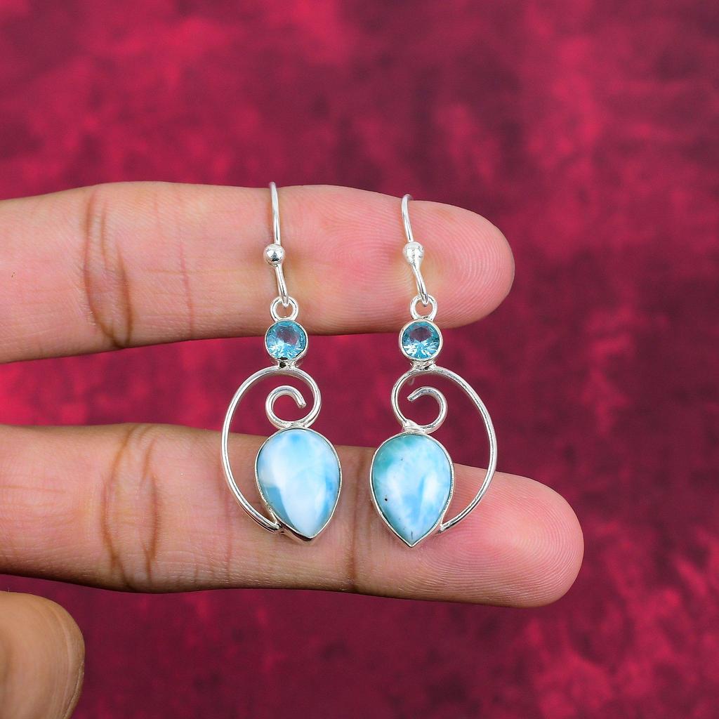 Larimar, Blaue Topas Ohrringe Edelsteinschmuck, 925 Sterlingsilber Handgefertigte Ohrringe, Neuestes Design Schmuck