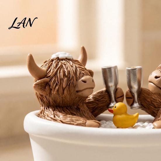 Rustic Bathroom Countertop Accessory Highland Cow Figurine, Cows Toasting In Bathtub Resin Statue, Farmhouse Accessories Cute Farm Animal Tabletop