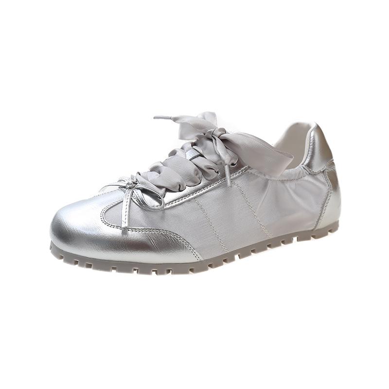 

трендовые роскошные дизайнерские женские кроссовки на плоской подошве, модные удобные нескользящие туфли на шнуровке на плоской подошве, женская уличная прогулочная обувь Size 35(foot 22.5cm) серебряный