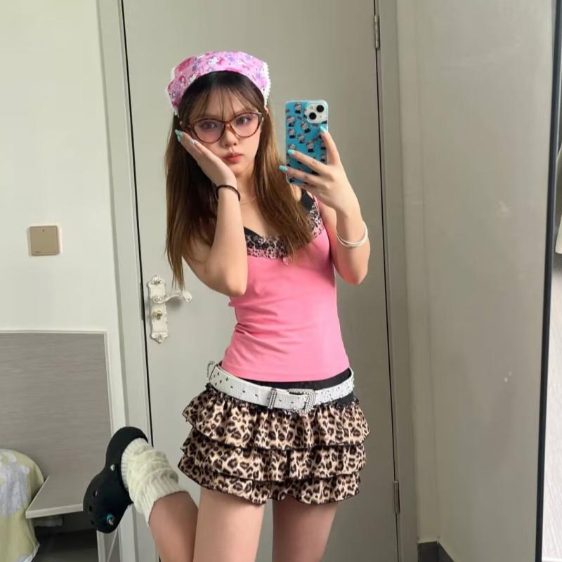 Vintage Leopard Print Stitched Crop Top Women Casual Sleeveless Cute Bow Patchwork Strap Tees Y2k Summer Crop Tops Ladies