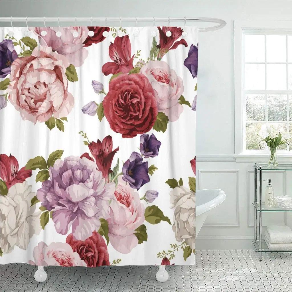 Flowers And Leaves Shower Curtain Pink Floral Plant Printed Garden Fabric Bath Curtain Hooks Home Decor Bathroom Accessories Set