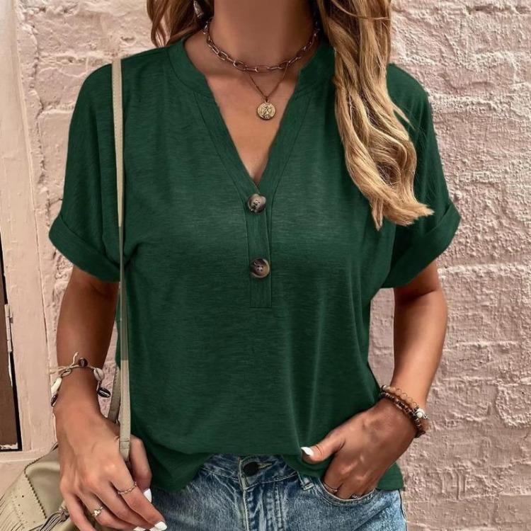 Women Summer Spring Fashion Casual Short Sleeve V Neck Button Blouse Shirts Solid Color