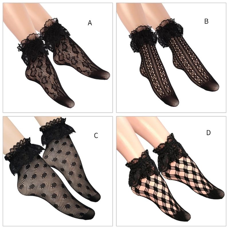 Lace Socks Fishnet Ruffle Frilly Ankle Socks Mesh Hollowout Patterned Anklet Stockings for Women Girls Hosiery Gift