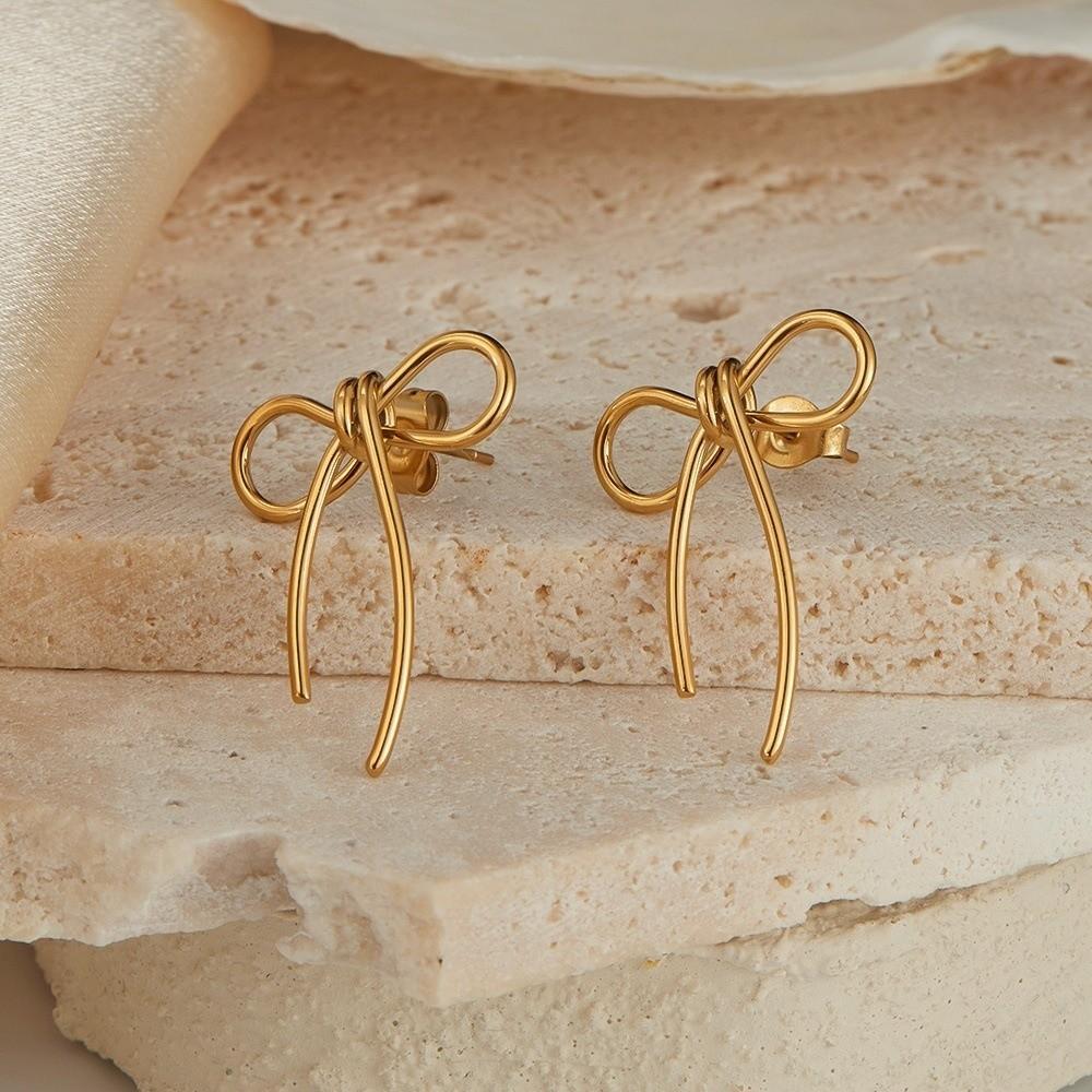 Stainless Steel Bow Stud Earrings Gold Color Women's Stud Earring Exquisite Bowknot Earrings  Women
