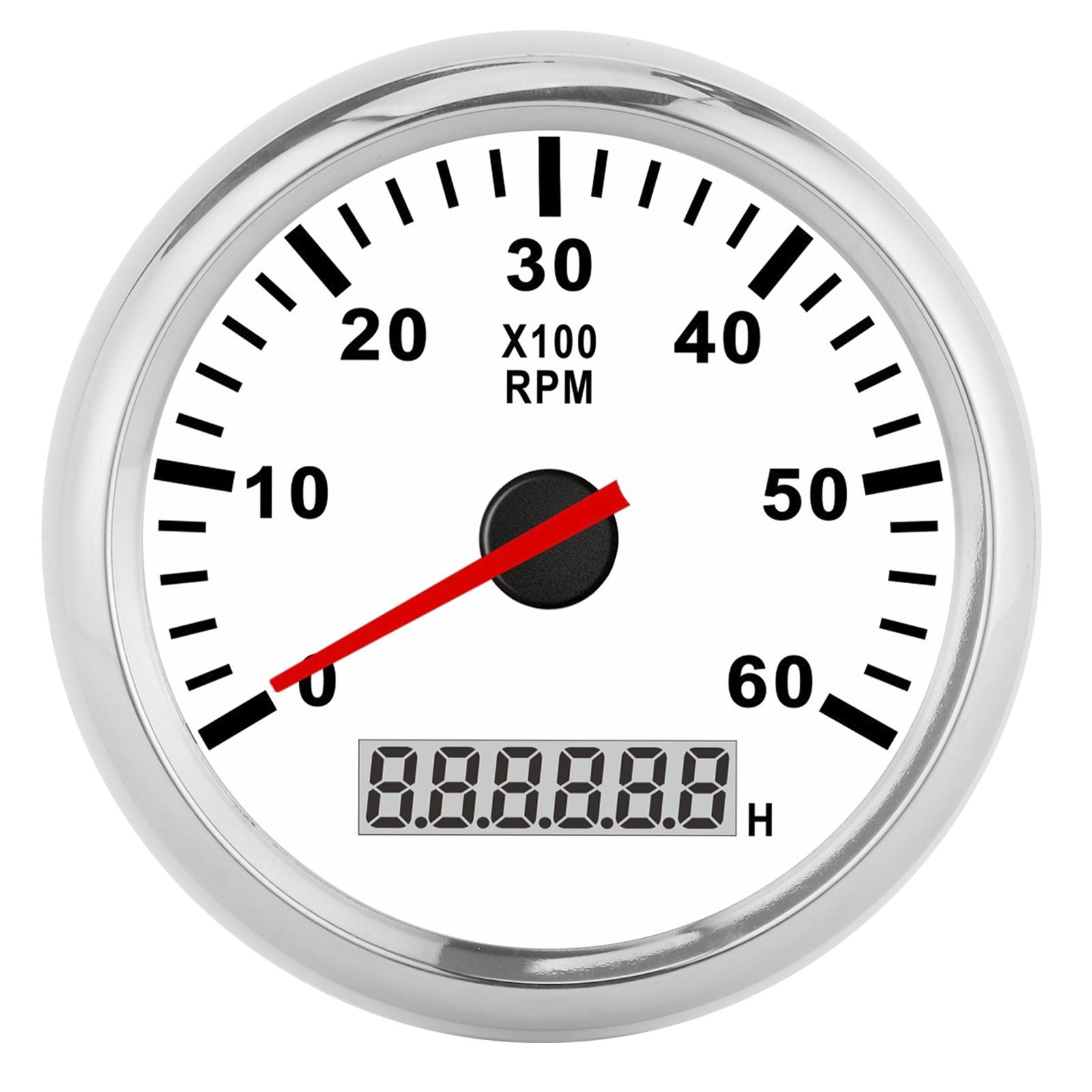 

Tachometer Gauge 6000RAM Red Backlight LCD Display 85mm Waterproof 12 24V for Car Boat YachtWhite Dial Silver Frame